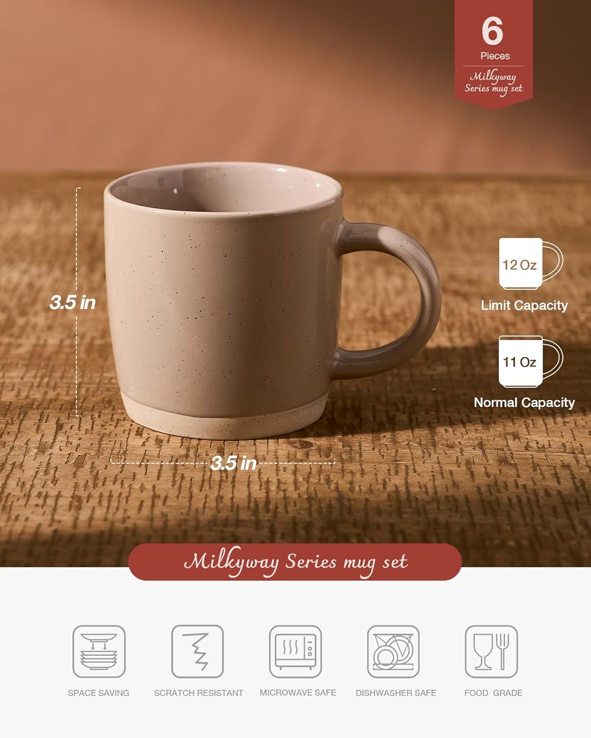 famiware Coffee Mugs for 6, 12 oz Mug Set, Dringking Cup with Handle for Coffee, Tea, Cocoa, Milk, Milkyway serise, Cinnamon Brown
