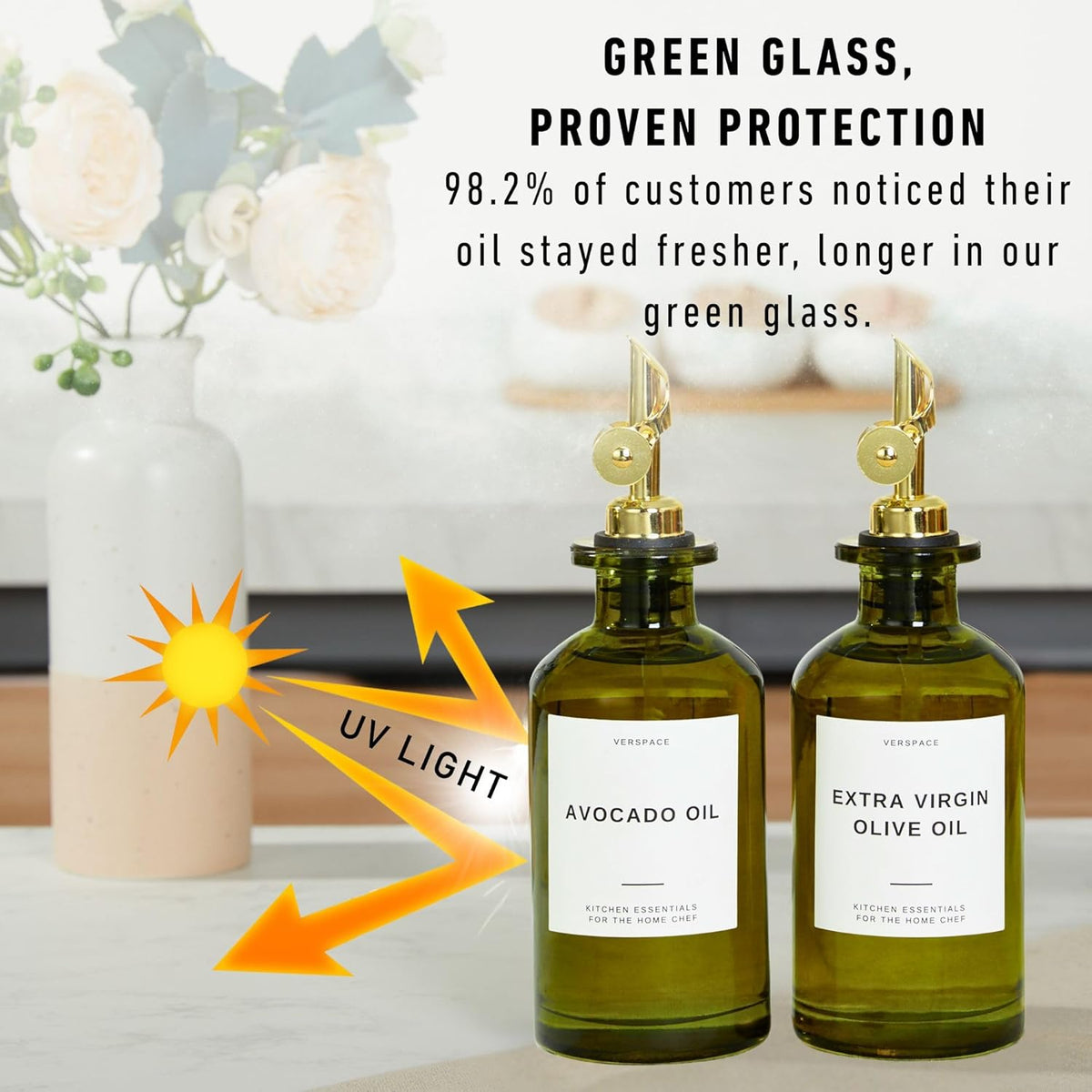 Green Glass Olive Oil Dispenser Bottle For Kitchen By Verpsace,Avocado Oil Dispenser Set, Modern Decor, Gold Kitchen Accessories for Home, Airbnb, Cafe (Gold, Set of 2)