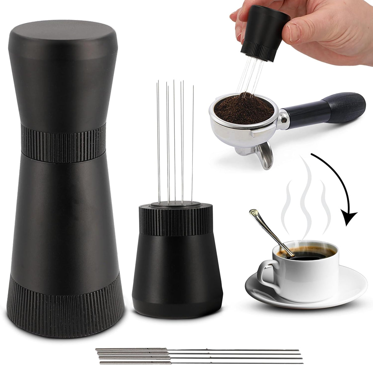 WDT Espresso Tool – Premium 0.35mm Needle Coffee Stirrer for Baristas | Precision Espresso Distribution Tool for Better Extraction with Extra 10 Needles | Matt Black