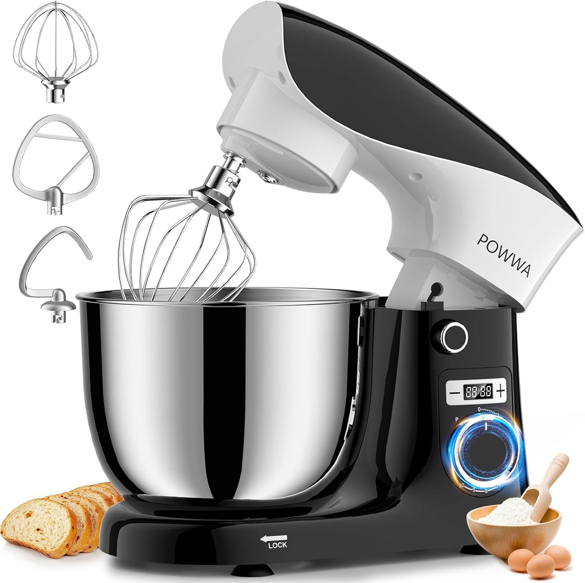 Stand Mixer, POWWA 6.5 QT 10 Speeds Tilt-Head Electric Stand Mixer, 3-In-1 Kitchen Mixer with Bowl, Dough Hook, Whisk and Beater, Food Mixer for Baking and Daily Use (Black White)