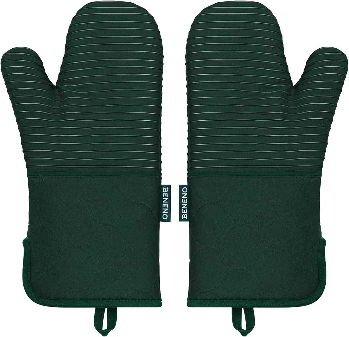 Beneno Kitchen Oven Mitts 2-Pack Heat Resistant to 500°F with Non-Slip Silicone Grip, Extra Long 14.3" Forearm Protection, Soft Quilted Cotton Terry Lining, Ideal for Cooking, Baking, Grilling, Green