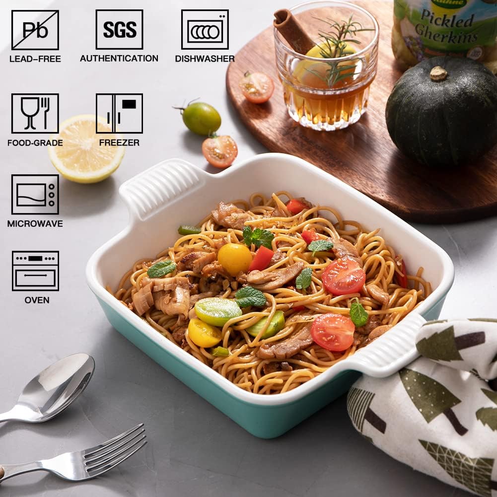 Sweejar Ceramic Baking Dish, 8 x 8 Cake Baking Pan for Brownie, Porcelain Square Bakeware with Double Handle for Casserole, Lasagna, Family Dinner (Dark Turquoise)