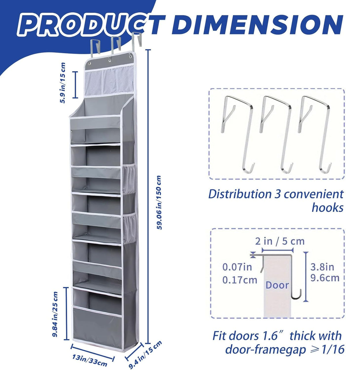 Over The Door Organizer - 6 Capacity Large Pockets & 7 Mesh Compartments, Anti-Tilt Design Holds 44 lbs, for Bathroom, Nursery, Dorm, Pantry & Laundry Storage (Light Grey)