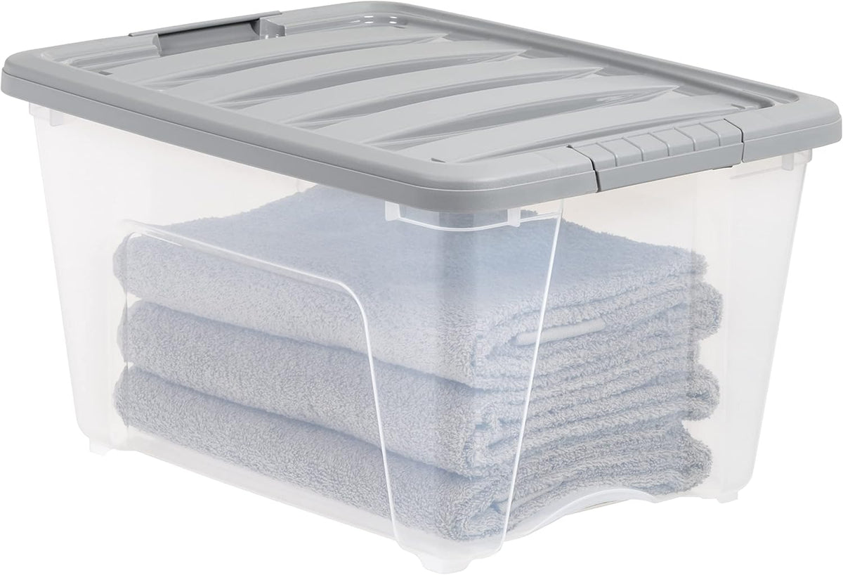Amazon Basics Plastic Storage Containers with Secure Latching Lids, Stackable Organization Bins, 32 Quart, Set of 6, Clear/Grey