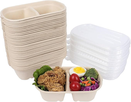23 oz Disposable bowls with lids, 2 compartments Sugarcane Fiber Food Container Food Storage 50 Pack
