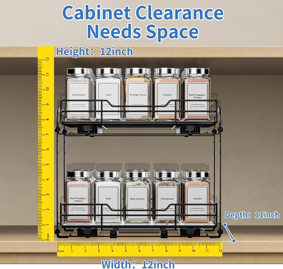 2-Tier Spice Rack Organizer, Pull Out Spice Rack for Cabinet, Height Adjustable Heavy Duty Metal Basket for Inside Cabinet & Pantry (11.5''Wx10.5''Dx9.5''H)