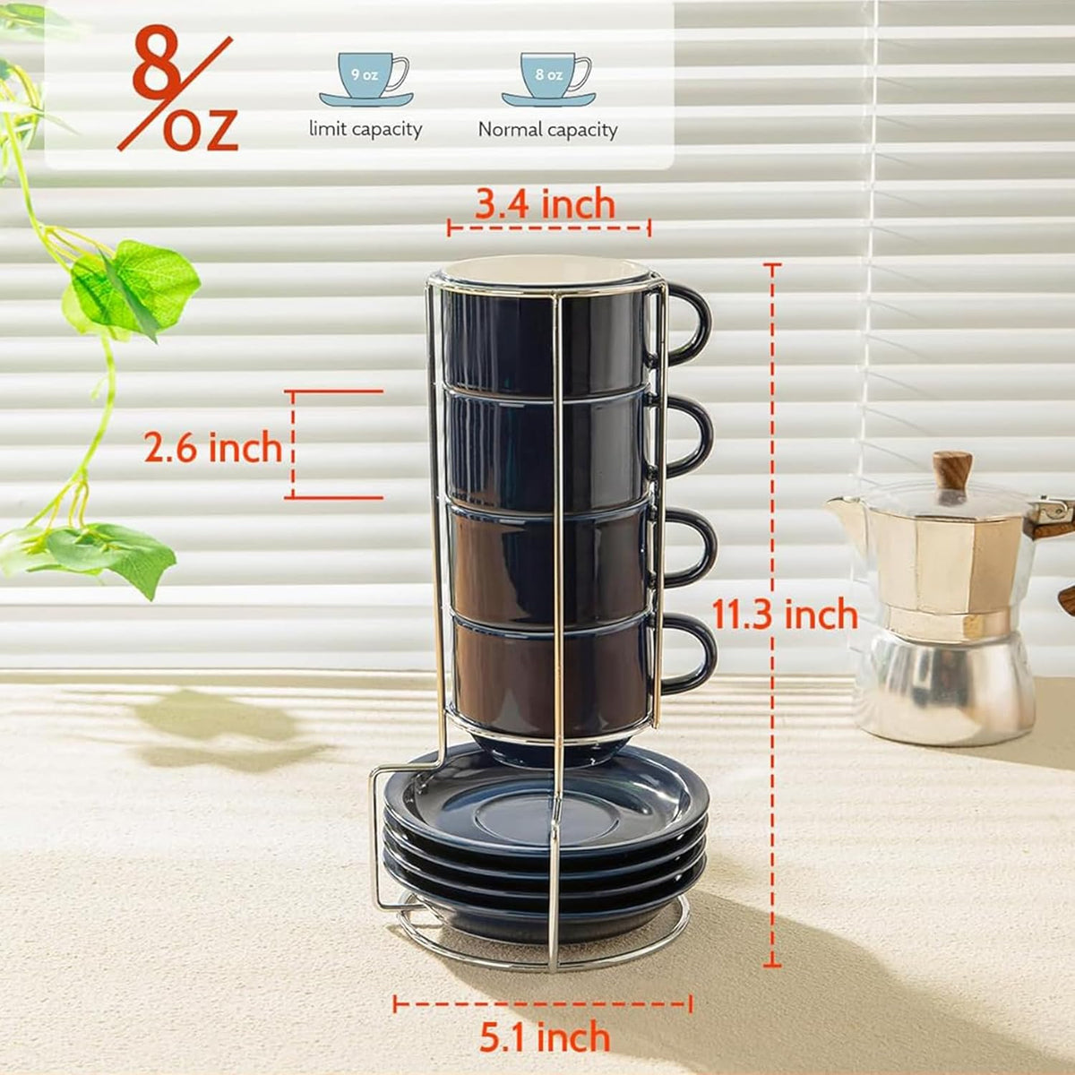 Sweese 8 Ounce Porcelain Stackable Cappuccino Cups with Saucers and Metal Stand - for Specialty Coffee Drinks, Cappuccino, Latte, Americano and Tea - Set of 4, Navy