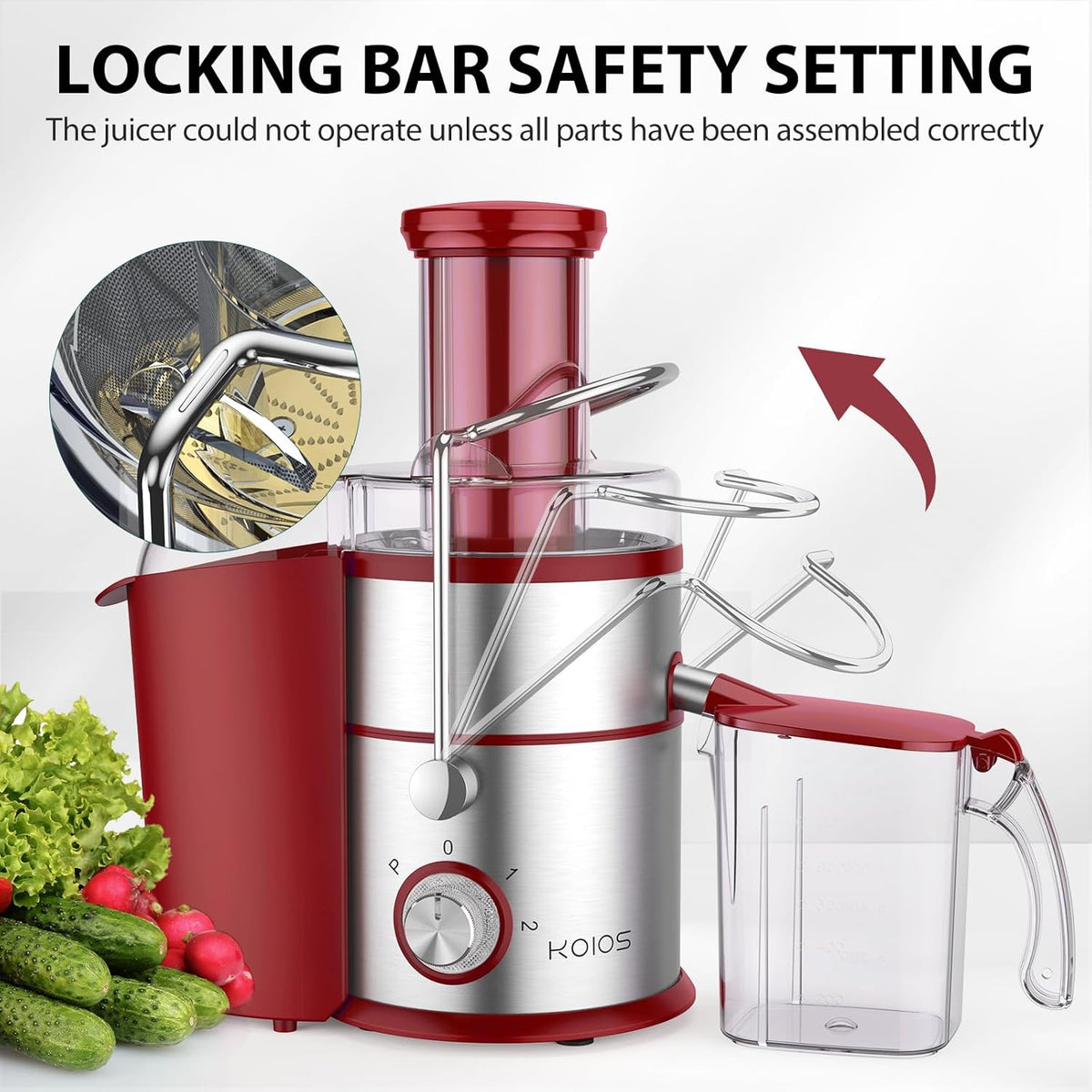 1300W KOIOS Centrifugal Juicer Machines, Juice Extractor with Extra Large 3inch Feed Chute, Full Copper Motor, Titanium-Plated Filter, High Juice Yield, 3 Speeds Mode, Brush included, Non-BPA, Red