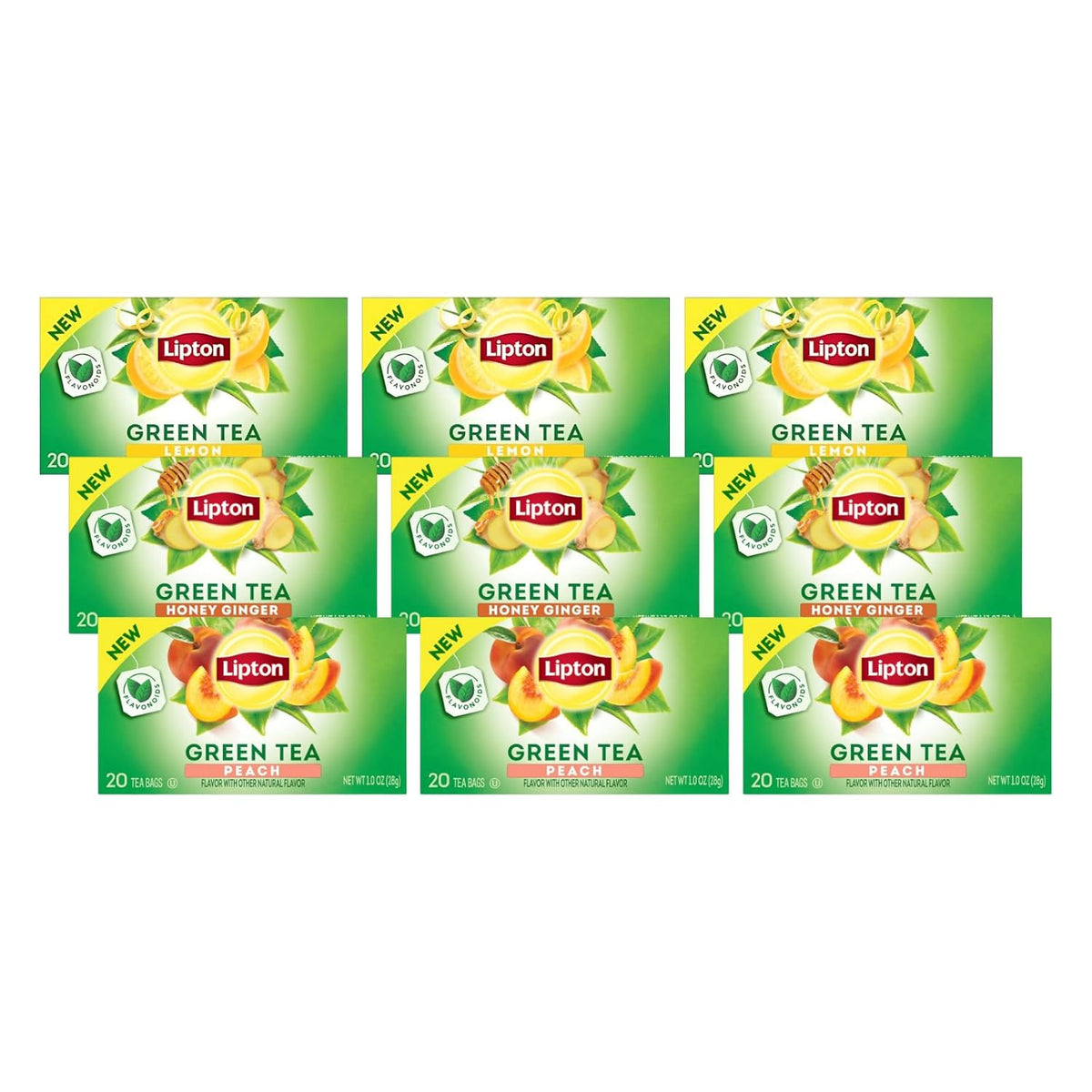 Lipton Honey Ginger Green Tea, Lemon Green Tea, & Peach Green Tea 20 CT (3ea) (Variety Pack)