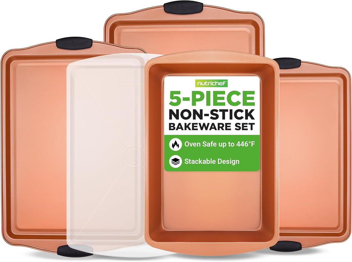 NutriChef 5 Piece Baking Pan Set - PFOA, PFOS, PTFE Free Flexible Nonstick Carbon Steel Bakeware Set - Home Kitchen Bake Pan Cookie Sheet Stackable Baking Tray Set w/Black Silicone Handles NC5PCS