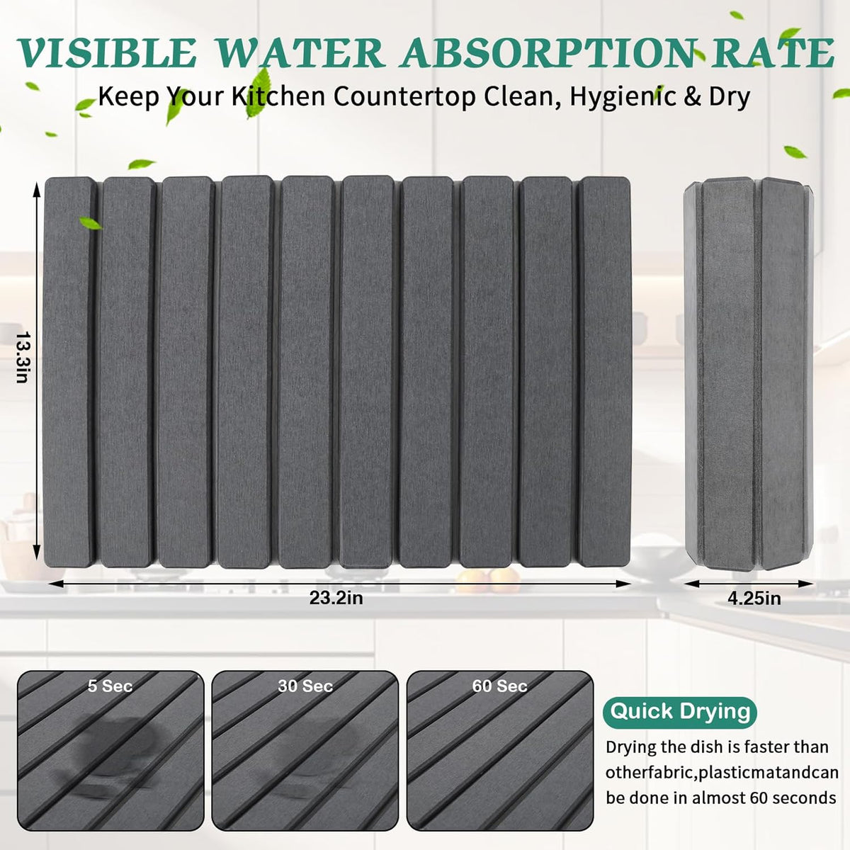 Stone Dish Drying Mat for Kitchen Counter, 24''×15'' Dark Grey Dishes Drying Matt Kitchen Counter, Absorbent Diatomaceous Earth Bath Quick Dry Mats for Tableware, Bottles and Cup