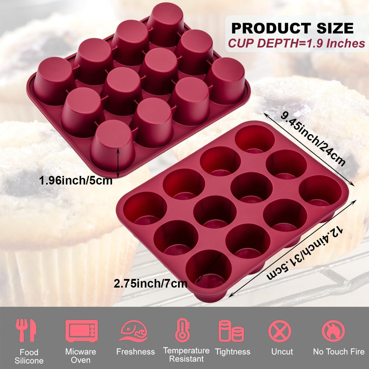 Nalchios Silicone Muffin Pan 12 Cups Deep Jumno, Chocolate Molds Silicone, Nonstick BPA Free Silicone Baking Molds, Dishwasher & Microwave Safe Muffin Tin, Easy To Use and Clean Candy Molds