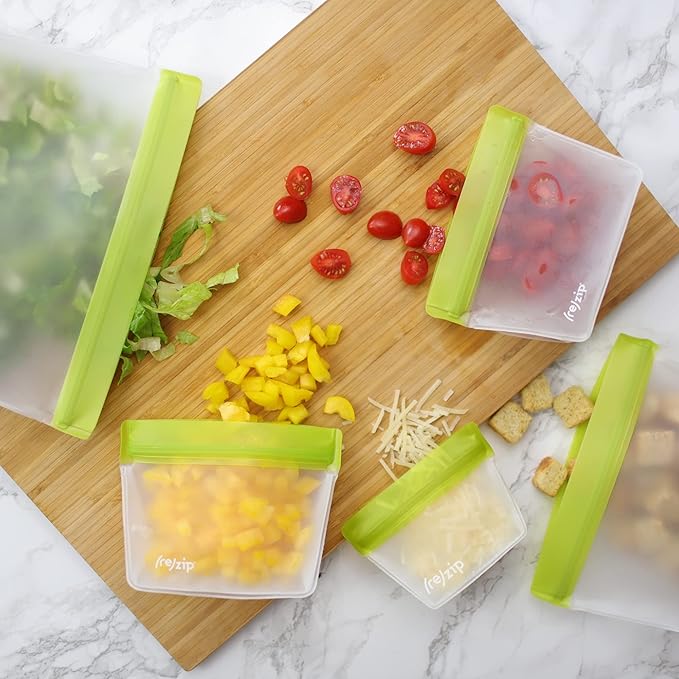 (re) zip 3-Piece Stand-Up Reusable Bag Kit | BPA-Free, Food Grade, Leakproof, Freezer and Dishwasher Safe | Quart (1), 2-Cup (1), Snack (1) | Green