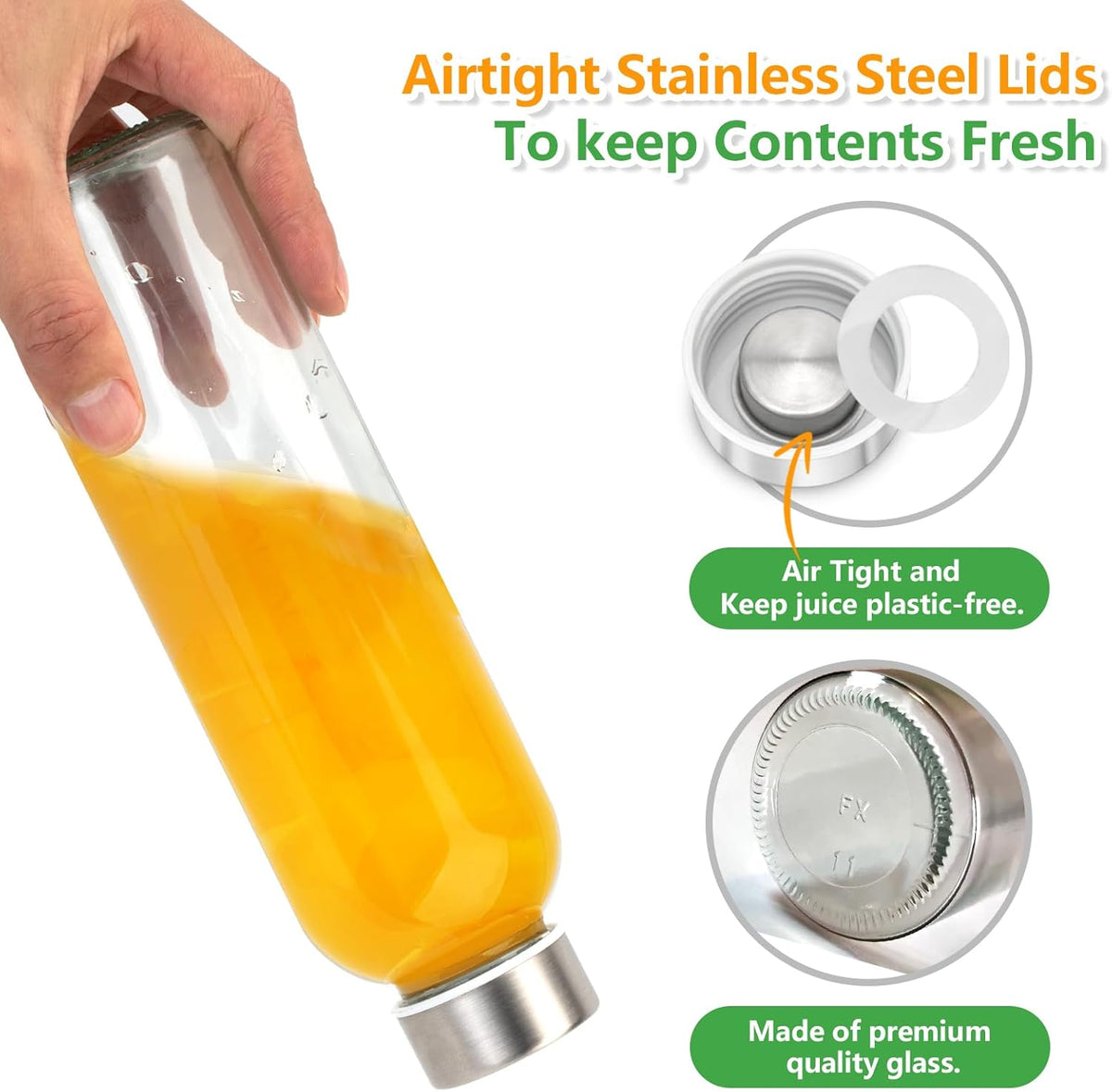 Zukro Glass Water Bottles with Gold Lids 18 oz, Reusable Clear Glass Juice Bottles Stainless Steel Airtight Cap for Juicing, 100% Leak Proof Juice Drinking Jar for Refrigerator, BPA Free, Set of 10
