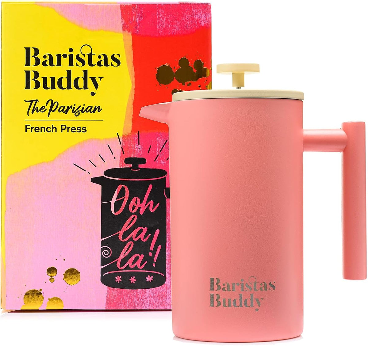Cute Pink French Press Coffee Maker - Colorful, Retro And Stylish Insulated Coffee Brewer - Large Size Brews 4 Cups