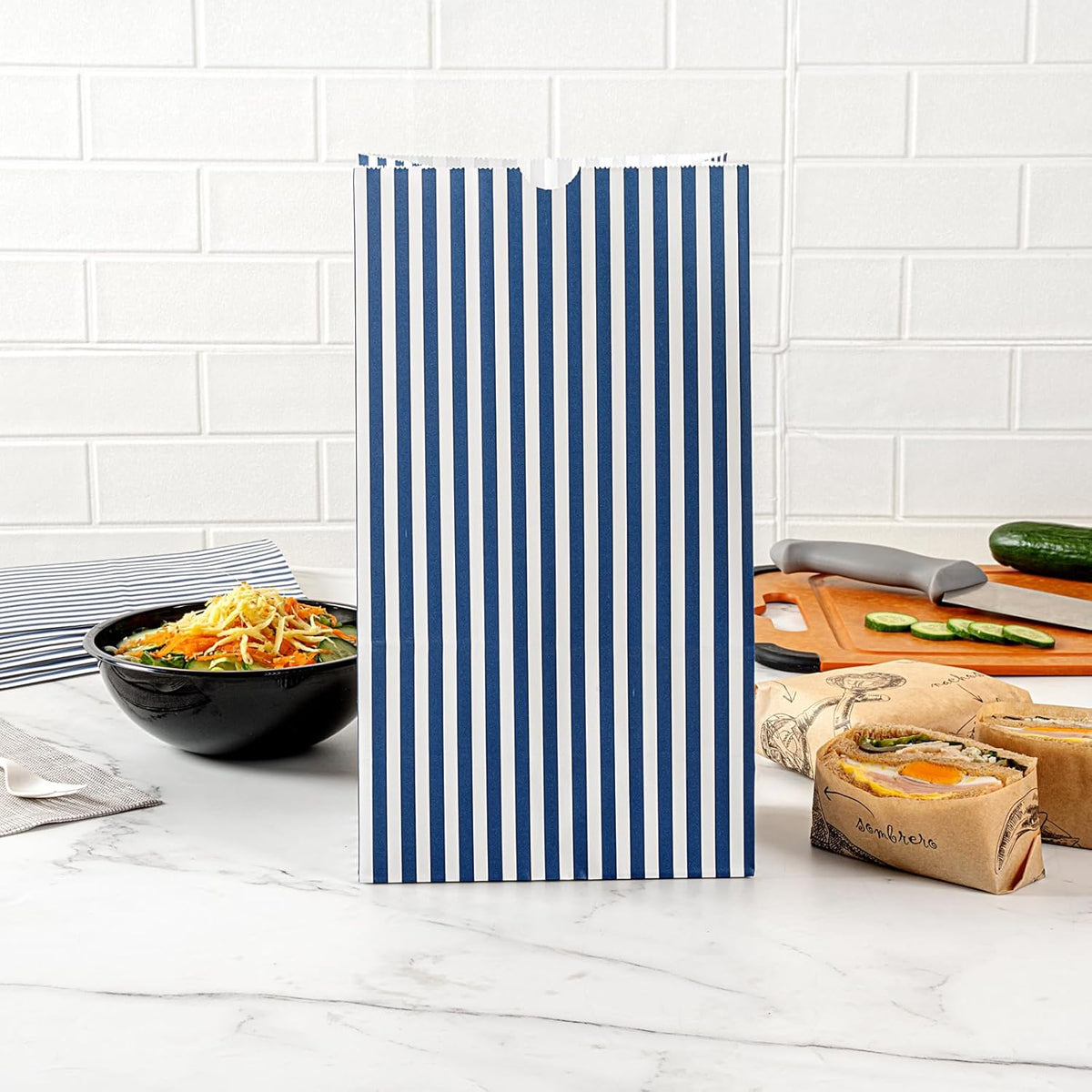 Restaurantware Bag Tek 12 LB Disposable Lunch Bags 100 Sturdy Take Out Bags - Flat Bottom Great For Restaurants Cafes And Bakeries Blue And White Paper Popcorn Bags Versatile For Grocery