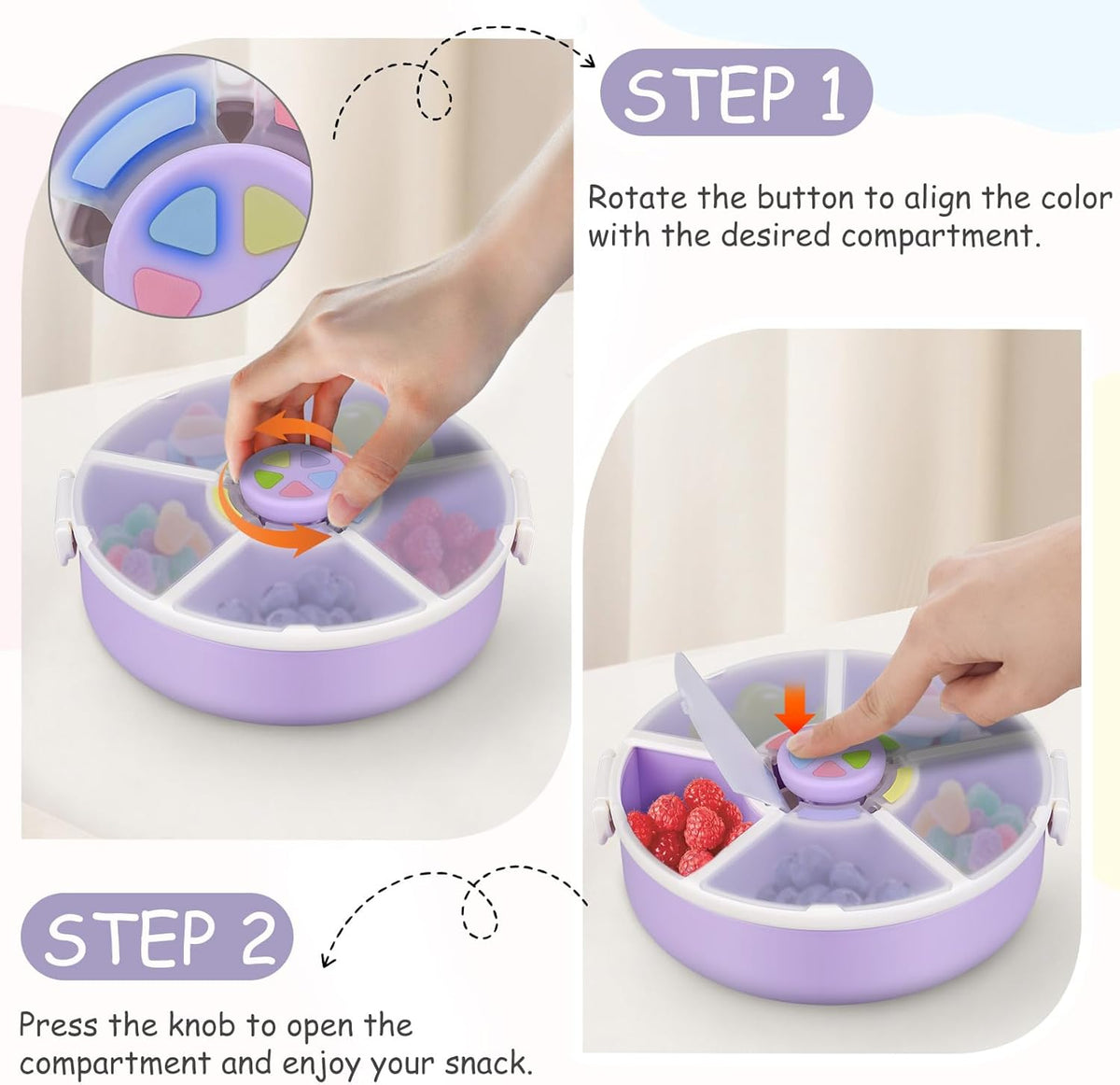 Snack Spinner Set for Kids – 2-Pack, Includes Rotating Snack Container & Classic Sectioned Snack Box, BPA-Free, Dishwasher Safe, Perfect for Travel, Purple