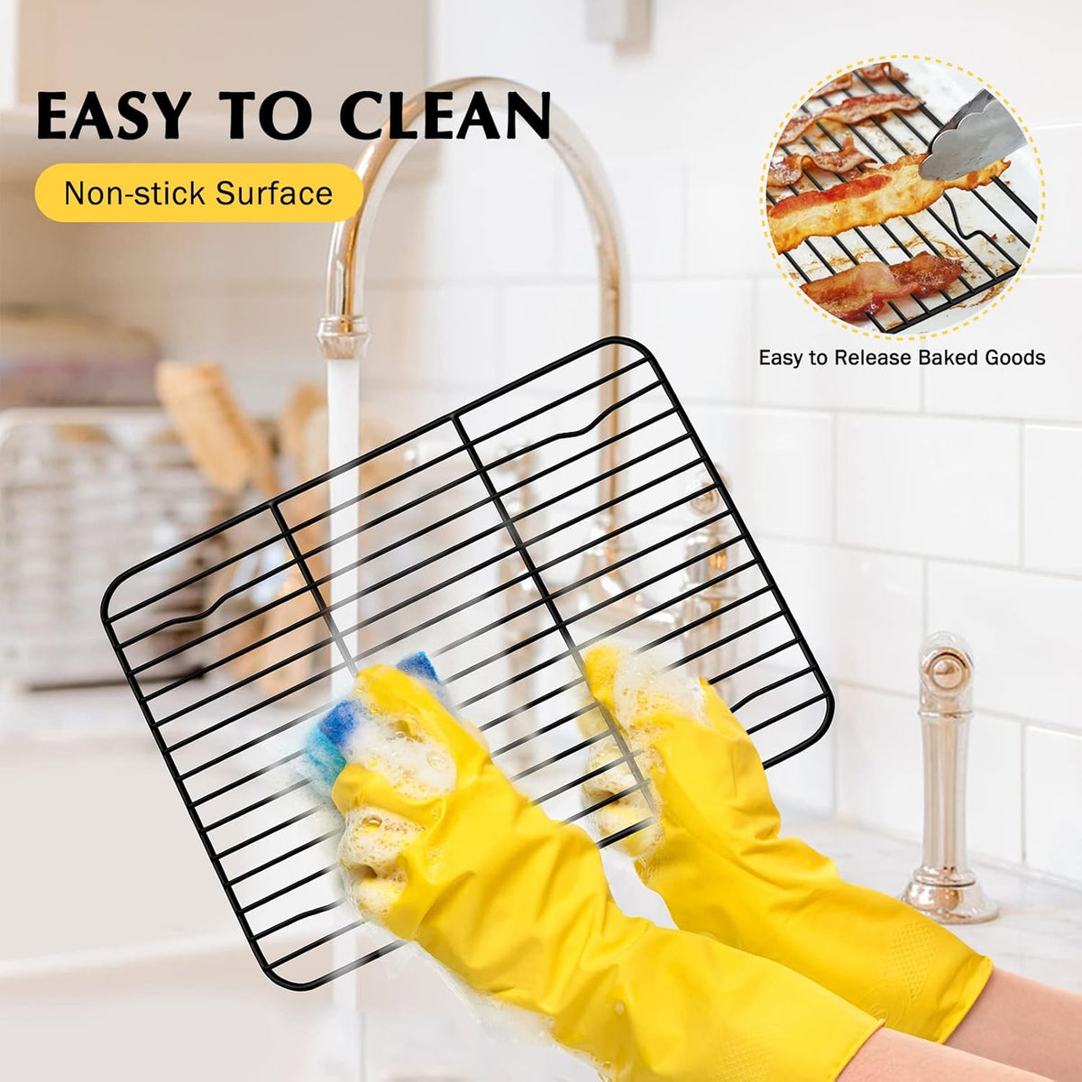 Small Baking Wire Rack Set of 2, E-far Non-stick Rack for Toaster Oven Cooking Roasting Broiling Grilling Meat Bacon, 8.7” x 6.2” Metal Bakeable Cooling Racks for Cookie Cake - Easy to Clean