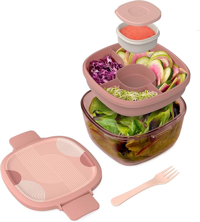 Bentgo Glass Prints All-in-One Salad Container - 61oz Tinted Glass Salad Bowl with Lid, Bento-Style Tray, Sauce Container, & Reusable Fork - Dishwasher & Microwave Safe (Mod Curve - Desert Rose)