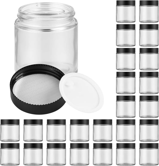 Glass Jars with Lids,Eco-Friendly Cosmetic Containers with Airtight Black Lids & Liners, Multi-Color Options for Cream, Lotion, Body Butter, DIY Skincare Travel Jars (Clear, 4oz)