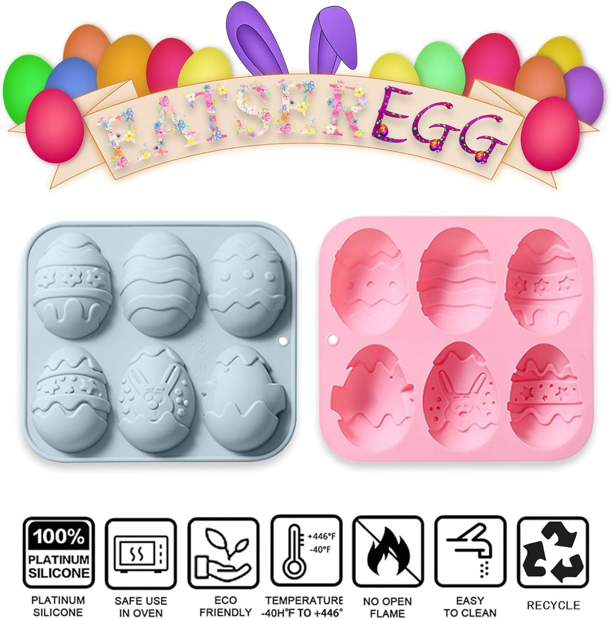 2 Packs Easter Egg Candy Silicone Molds, 6 Cavity Semi Egg Non Stick Silicone Molds for Making Hot Chocolate Bomb, Jelly, Truffles, Desserts, ice cube, Hard Candy