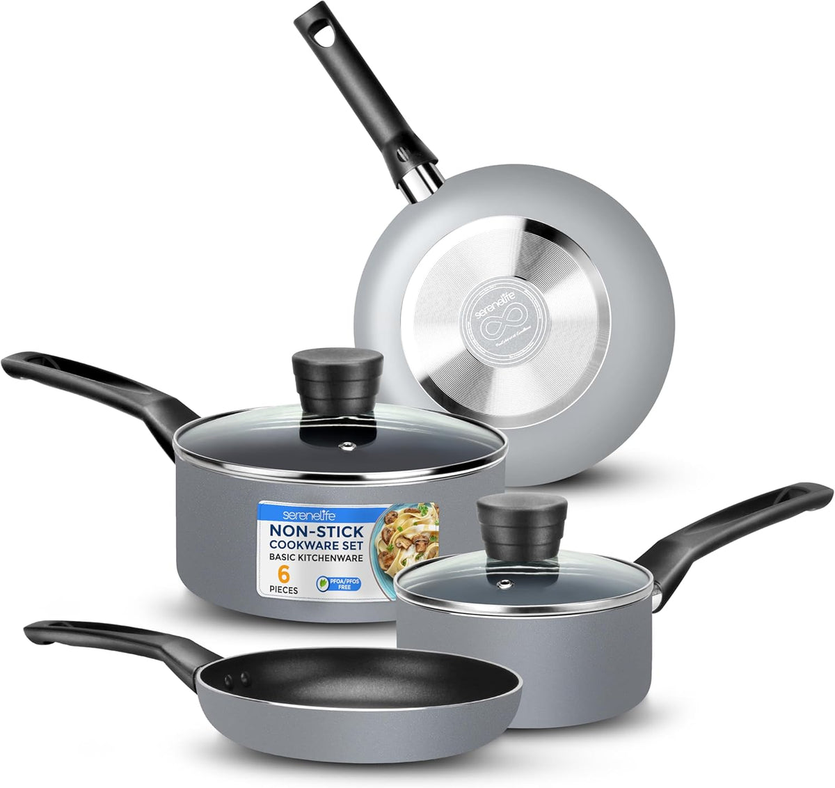 SereneLife Kitchenware Pots & Pans Basic Kitchen Cookware, Black Non-Stick Coating Inside, Heat Resistant Lacquer (6-Piece Set), One Size, Gray