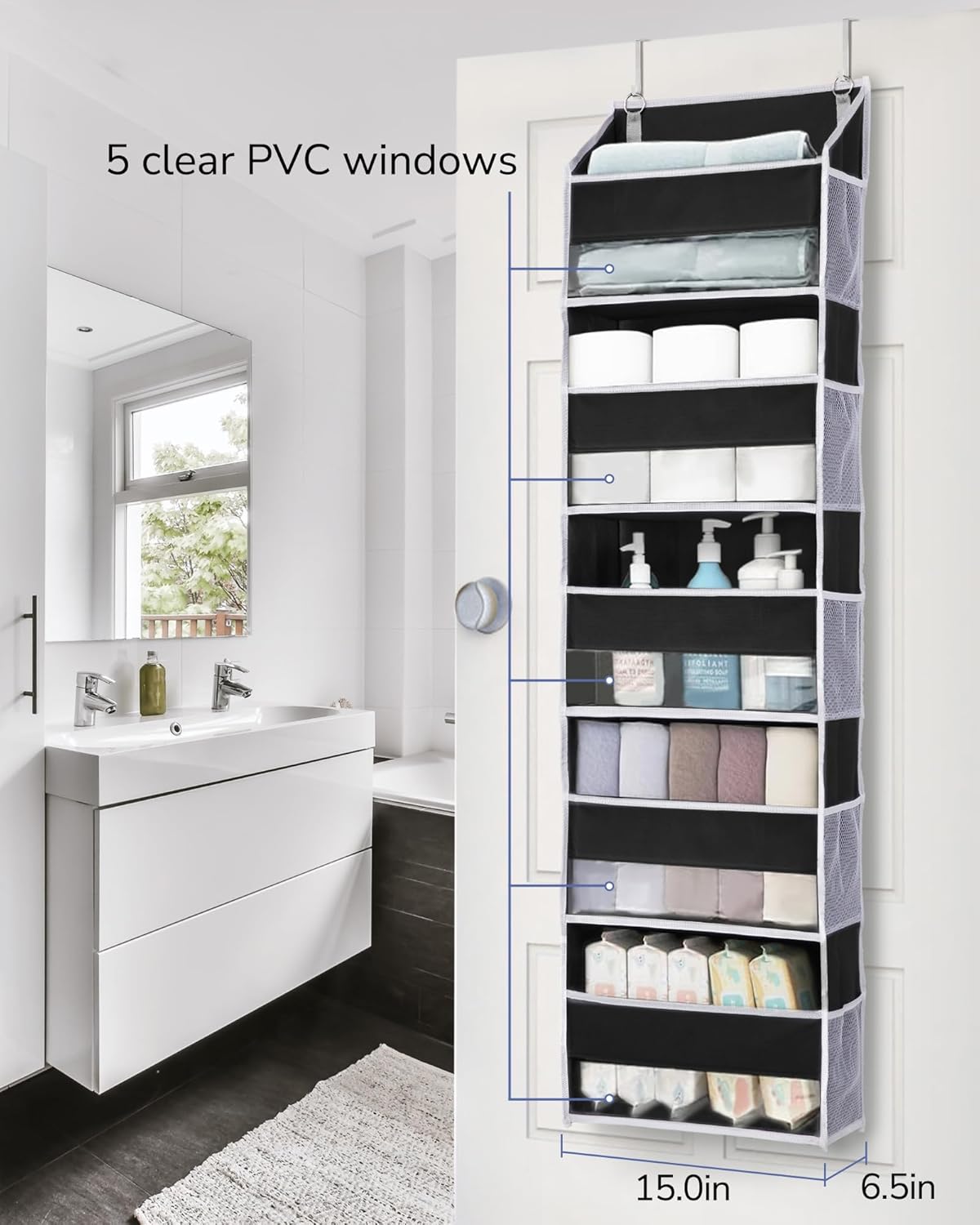 ULG 1 Pack Over The Door Organizer – 5 Shelf Door Organizer Hanging & 10 Side Pockets, Reinforced 44LB Capacity Hanging Organizer, Behind The Door Storage for Bedroom, Nursery, Pantry (Black)