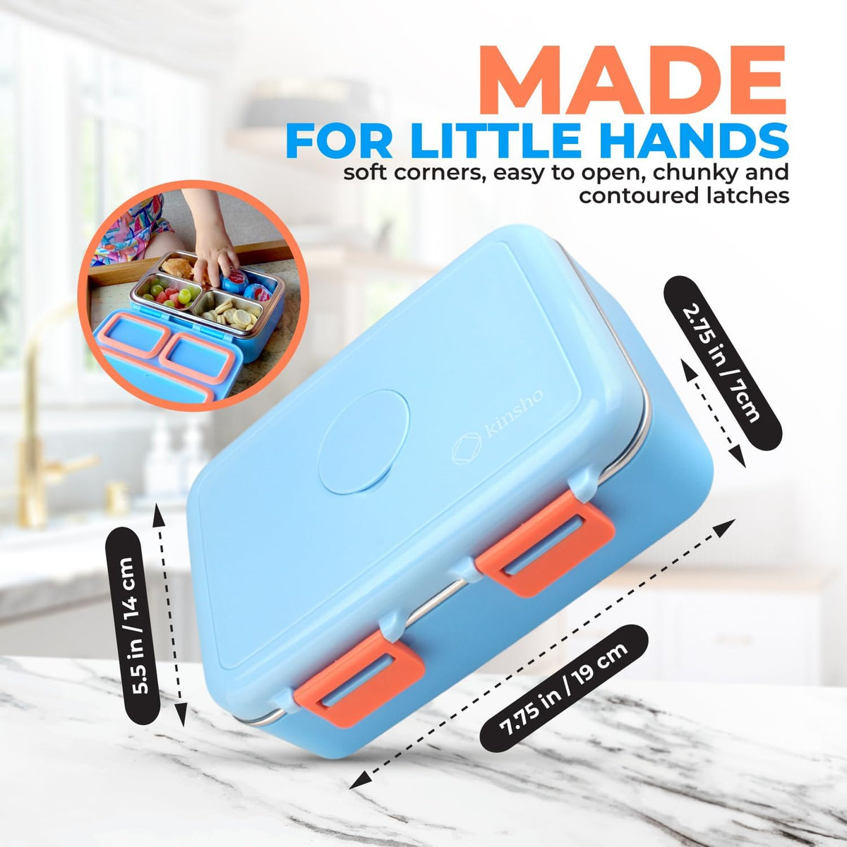 kinsho Stainless Steel Bento Box for Toddler Boys, Insulated Lunch Bag and Water Bottle Set for Toddlers. Snack Container for Small Kids, Baby Daycare or Pre-School Lunches, Blue Yellow Trucks