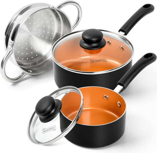 MICHELANGELO Nonstick Sauce Pan with Lid, 1QT & 2QT Ceramic Saucepan Set with Steamer, Small Copper Saucepans Set, Multipurpose Sauce Pots for Cooking, PFAS-FREE, Dishwasher Safe