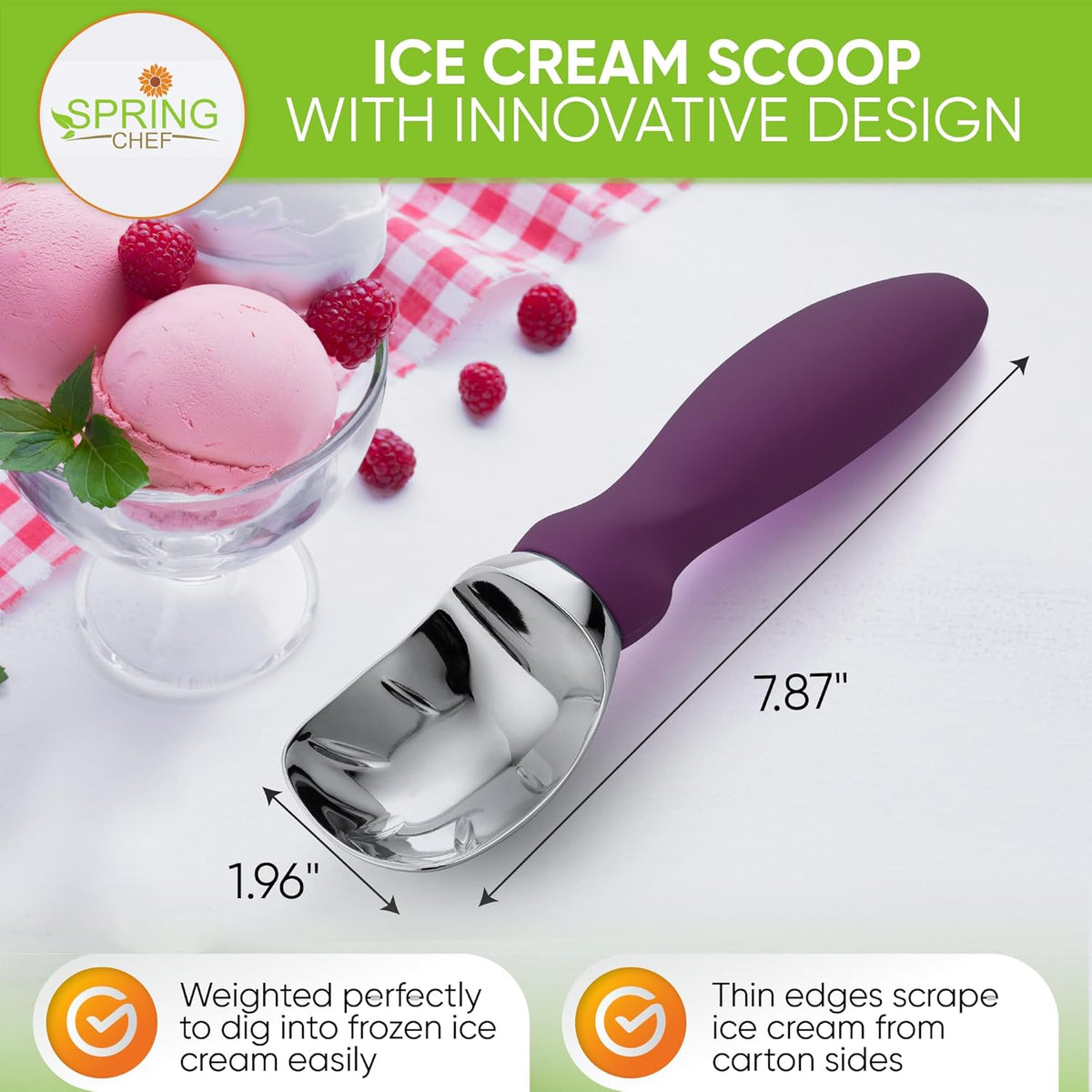 Spring Chef Ice Cream Scoop with Soft Grip Handle, Professional Heavy Duty Sturdy Scooper, Premium Kitchen Tool for Cookie Dough, Gelato, Sorbet, Purple
