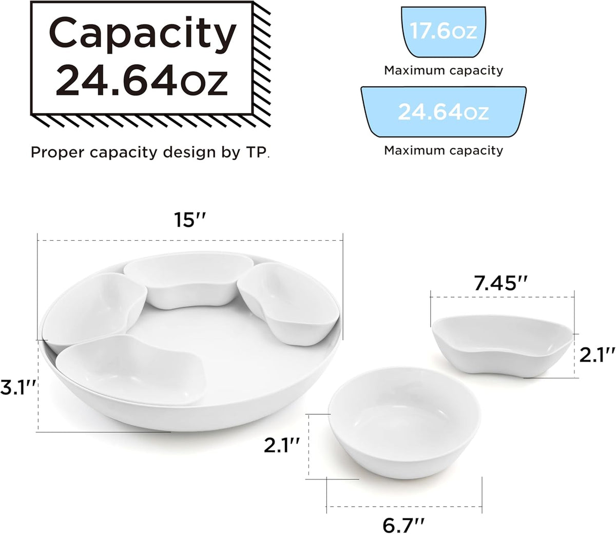 TP Taco Bar Serving Set, Melamine Serving Platter with Lazy Susan, Serving Tray and Bowls, Taco Tuesday Kit Snack Holder for Party and Fiesta, White