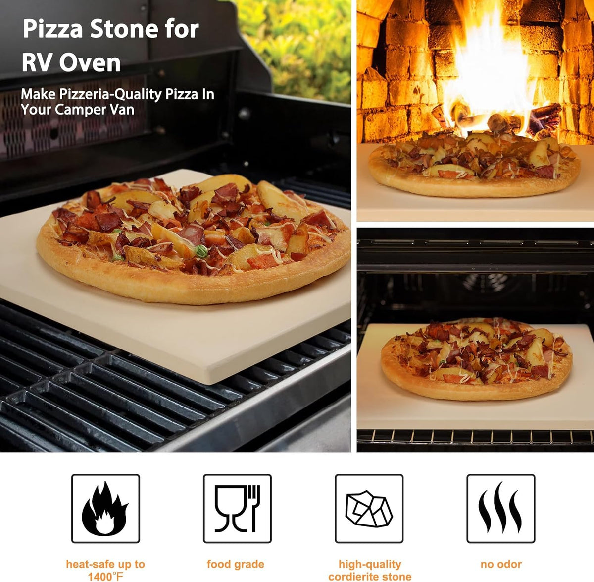 Small 10x10 inch Pizza Stone,for RV Camper Oven,Square baking stone Grill,Can make pizza, bread, pies,BBQ, Durable and Safe, Give away Plastic Scraper