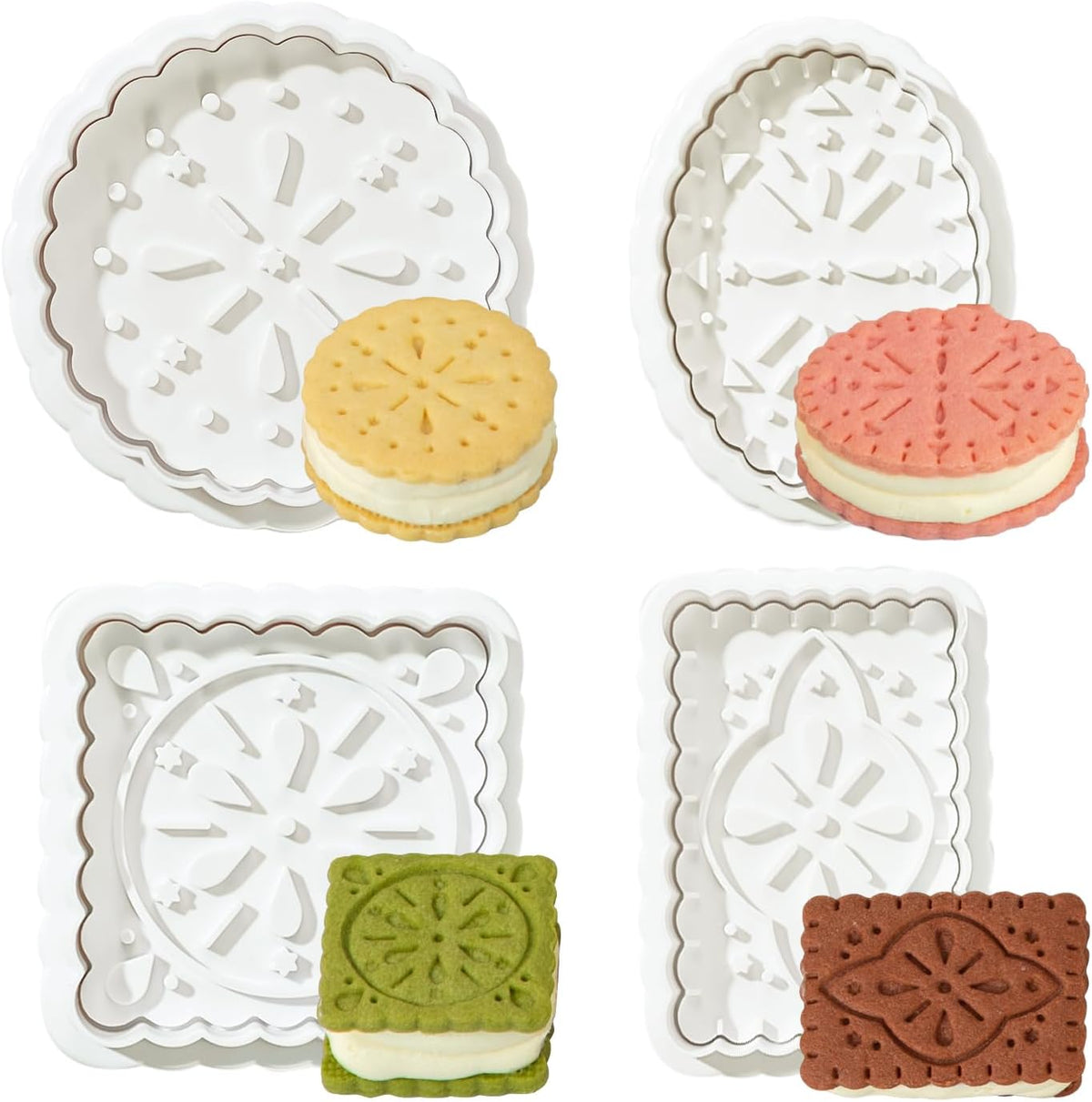 Cookie Stamps Baking Molds 4 Shapes, Biscuits Cutters, 3D Patterns Impression Embosser, Cookies Plunger Stamp, Homemake Bakeware DIY, Pastry, Bakery Desserts, Children Adults