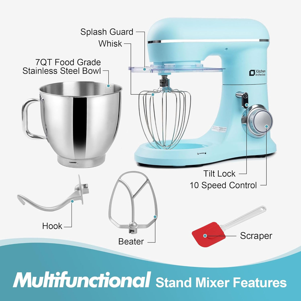 Kitchen in the box 7QT 900W 10-Speed Stand Mixer, Tilt-Head Kitchen Electric Mixer with Dough Hook, Whisk & Flat Beater(Blue)