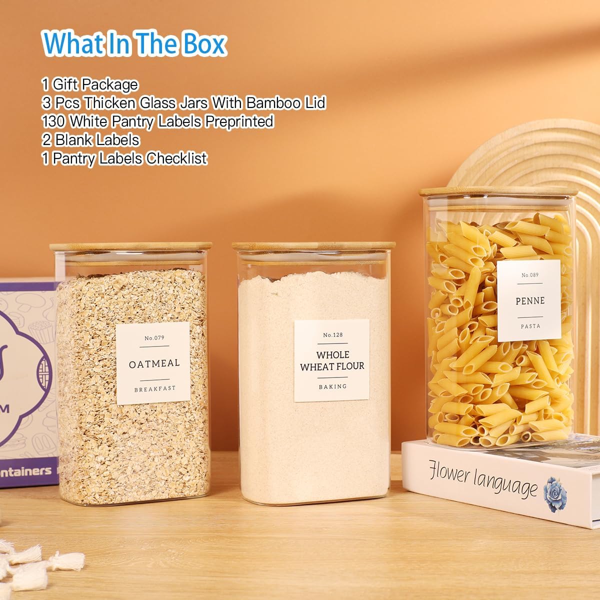 3 Pack Square Glass Pantry Storage Containers with 132 Kitchen Food Pantry Labels - 51 floz Clear Glass Pantry Jars with Airtight Wood Bamboo Lids - Glass Canisters for Candy, Cereal, Coffee, Spice