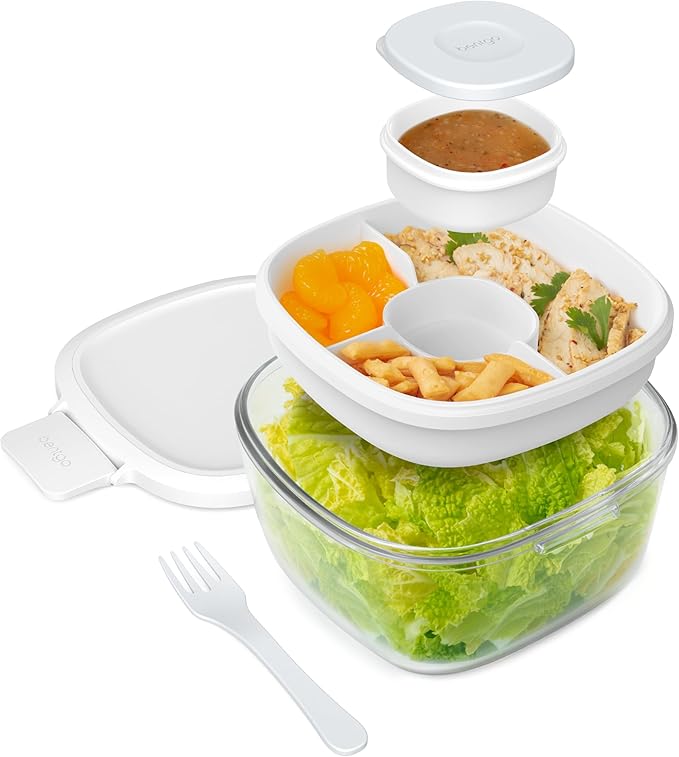 Bentgo Glass All-in-One Salad Container - Large 61-oz Salad Bowl with Lid, 4-Compartment Bento-Style Tray, 3-oz Sauce Container, and Reusable Fork - Dishwasher, Microwave, and Oven Safe (White)