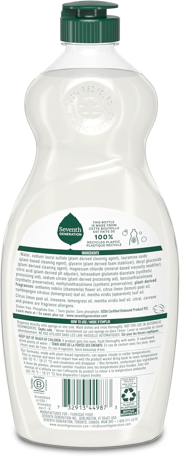 Seventh Generation Dish Soap Liquid Chamomile & Lemon Scent Pack of 6 Dishwashing Soap Dish Detergent Liquid Soap 19 oz
