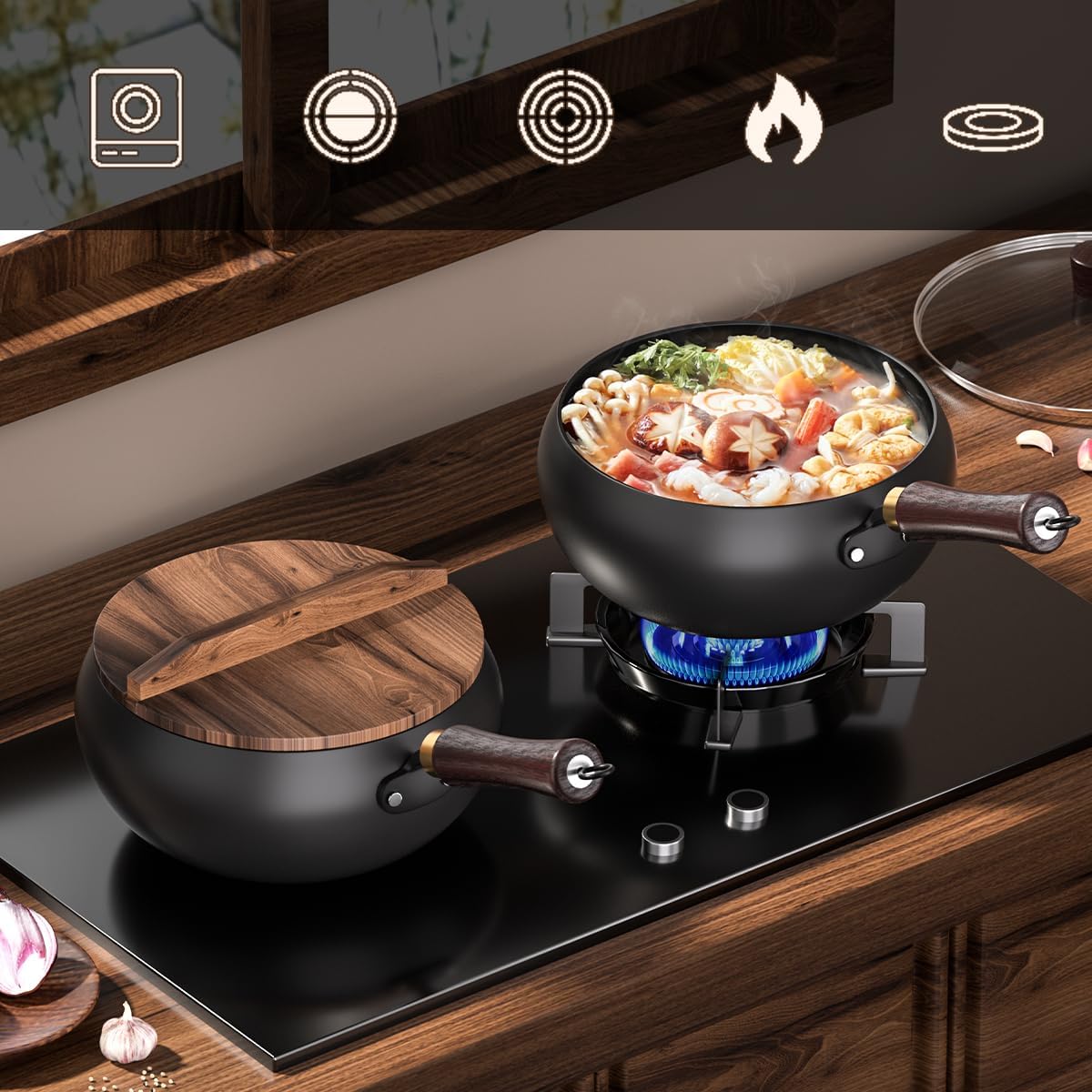Carbon Steel Wok, Nitrided Pan Body, Even Heat Distribution Without Coating, Multi-Functional Pan, Suitable for Induction Cooktops, Ovens, and Any Stove, Includes Lid and Wooden Handle