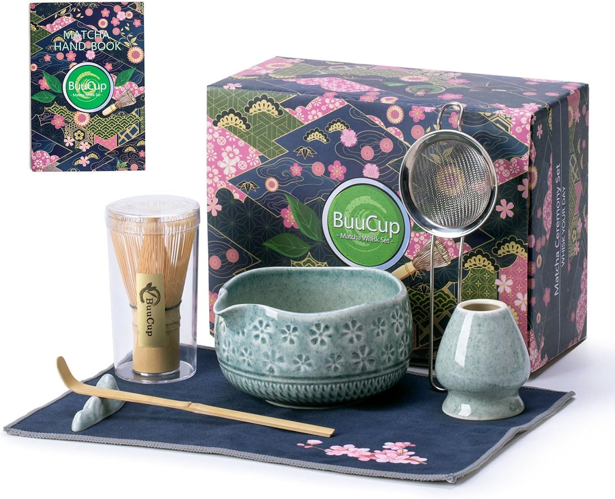 Matcha Whisk Set, Ceramic Matcha Set Includes Matcha Bowl, Matcha Whisk and Holder, Bamboo Scoop, Scoop Rest, Sifter and Tea Towel - 7 Pcs Matcha Kit for Matcha Lovers (Blue)