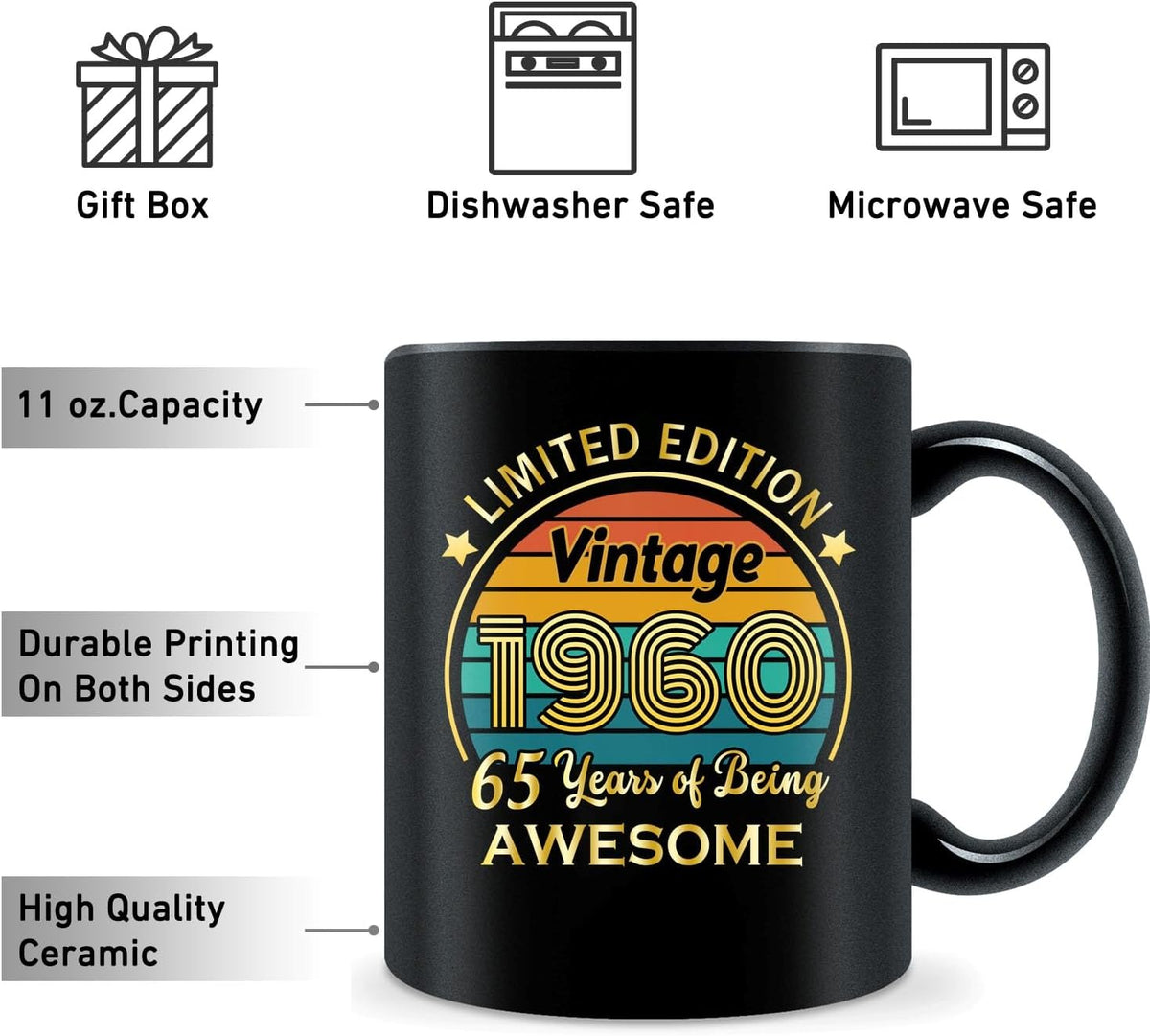 QUPT 65th Birthday Gifts for Women Men, 65th Birthday Gifts for Him, 1960 Birthday Gifts for Women Men, 65 Years Old Gifts, 1960 Birthday Gifts for Her Him, 65th Birthday Presents Coffee Mug