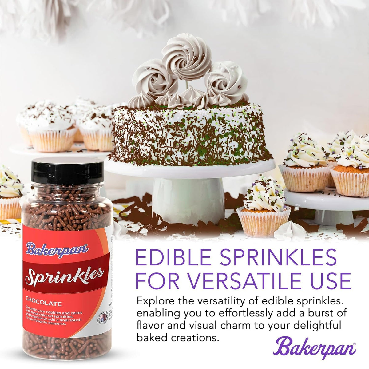 Bakerpan Chocolate Sprinkles for Cake Decorating - 2 Bottles of 4.3 Ounces Chocolate Jimmies Sprinkles for Ice Cream, Baking, Cupcakes, Cookies (Made in USA)