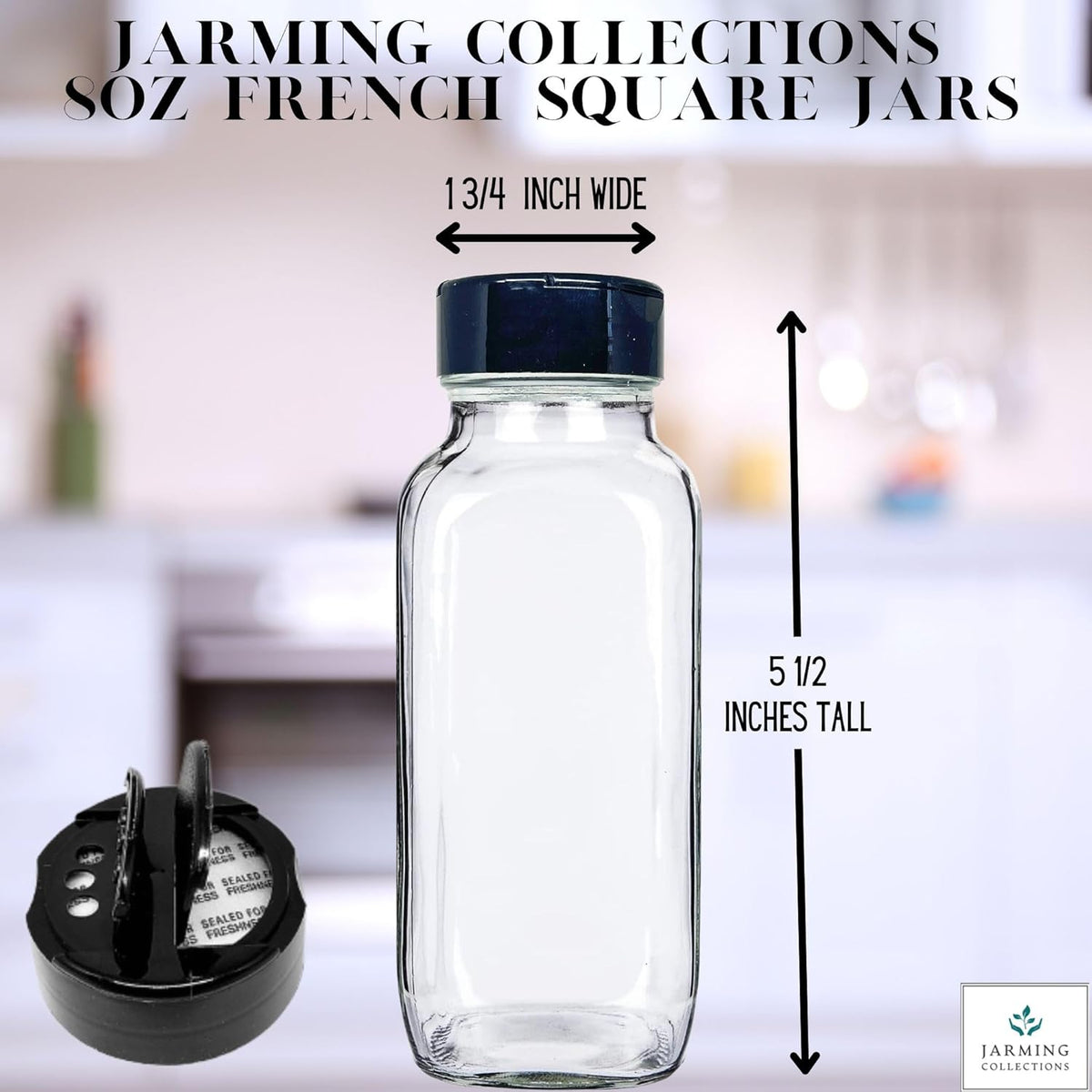 JARMING COLLECTIONS Glass Spice Jars with Shaker Lids - Spice Jars 8oz for Food Storage, Spice Containers for Kitchen Organization and Storage, Glass Organizing Bottles (French Square 8oz Blackx3)