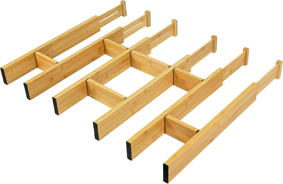 Adjustable Bamboo Drawer Dividers with Inserts, Expandable Spring-Loaded Drawer Organizer for Kitchen, Clothes, Tools, Silverware, Bamboo Organizer Separators - 6 Large Pieces