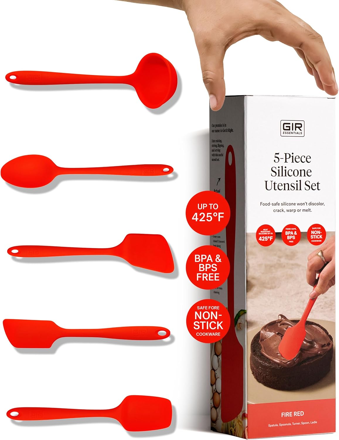 GIR: Get It Right 5-Piece Silicone Spatula & Utensil Set - Medium Fire Red - Kitchen Essentials with Heat-Resistant Non-Stick Tools - Dishwasher-Friendly