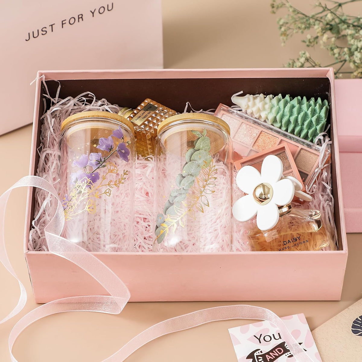NETANY 2 Pack Glass Cups with Bamboo Lids and Straws 16 oz, Gifts for Women, Drinking glasses set, Iced Coffee, Tea Cup, Cute Aesthetics Tumbler Cup, Mothers Day, Birthday Gifts for Her Mom