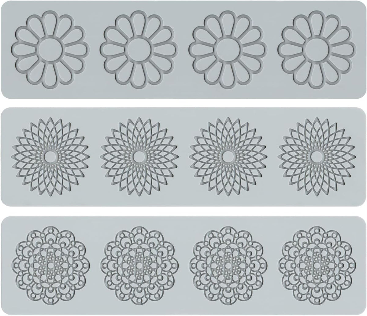 Embossing Lace Fondant Molds, Multi Circle Flowers Lace Mat Wedding Cake Decoration Tool, Rattan Shaped Cupcake Mat Silicone Molds Set of 3