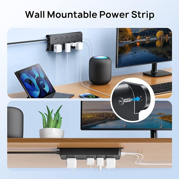 TROND Surge Protector Power Strip 10ft, 4000J, ETL Listed, 10 Widely Spaced Outlets, 2 USB A & 2 USB C Ports, Flat Plug Long Extension Cord, Wall Mountable, for Home Office Entertainment, Black
