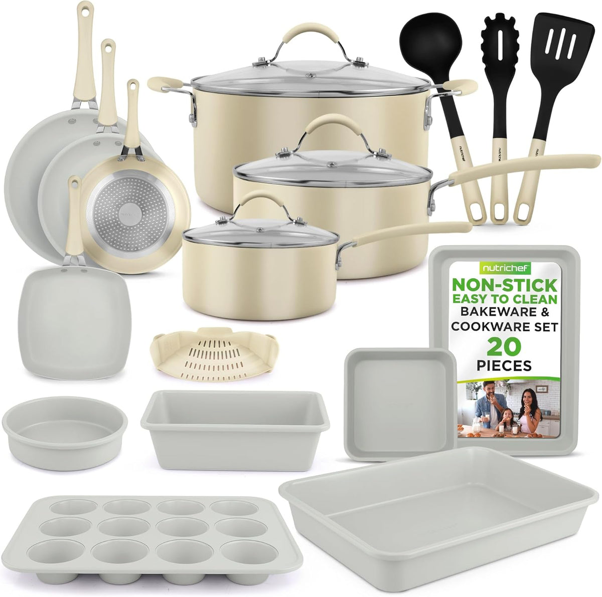 NutriChef 20-Piece Non-Stick Bakeware and Cookware Set - Utensils Including Pots and Baking Pans Made with Durable Aluminum, Tempered Glass Lids, Heat-Resistant Utensils, Easy-Clean Design (White)