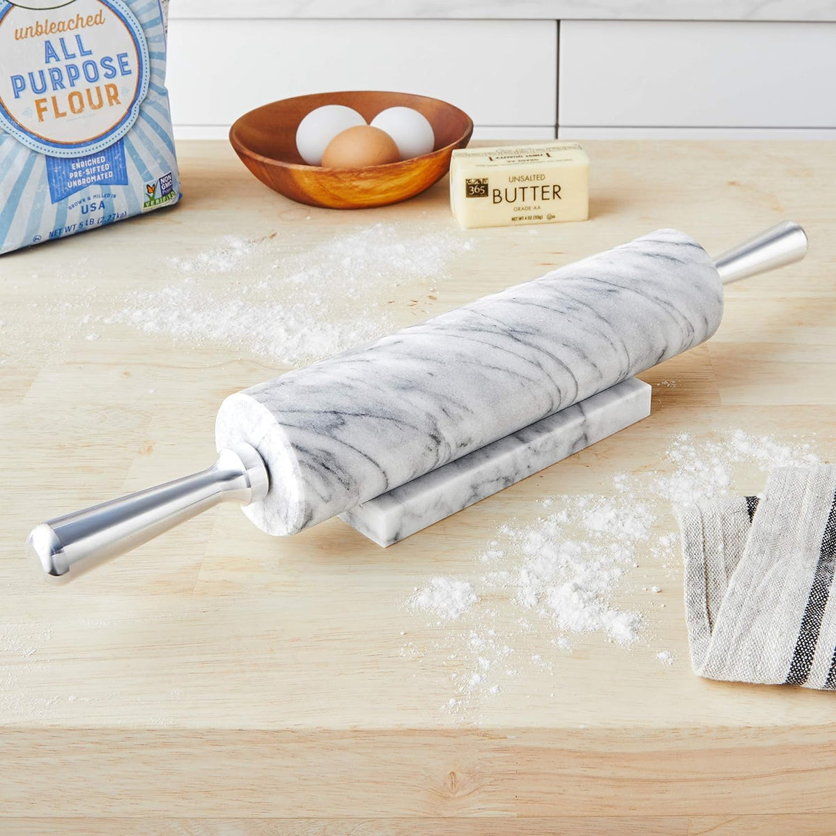 Fox Run 8648 Marble Rolling Pin and Base with Aluminum Handles, 2.5 x 17.5 x 3 inches, White