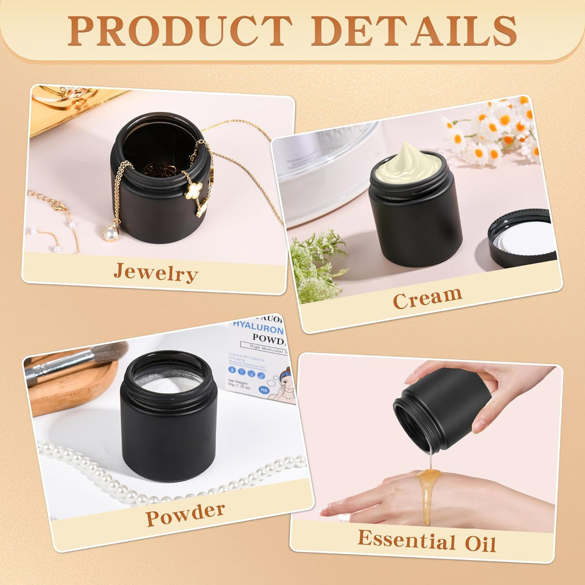 Glass Jars with Lids,Eco-Friendly Cosmetic Containers with Airtight Black Lids & Liners, Multi-Color Options for Cream, Lotion, Body Butter, DIY Skincare Travel Jars (Frosted Black, 4oz)